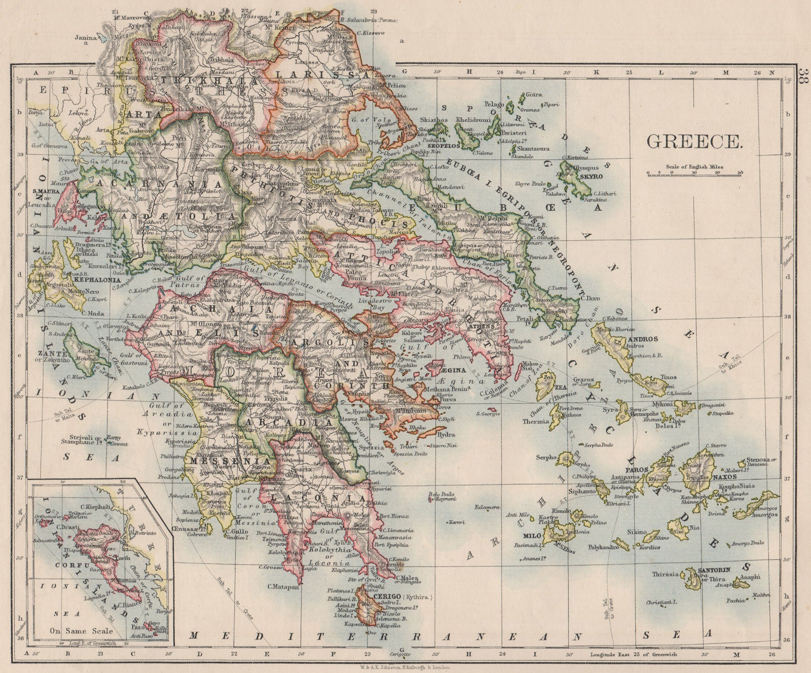 GREECE. Morea Thessaly Rumelia Cyclades Aegean Ionian Islands. JOHNSTON 1900 map